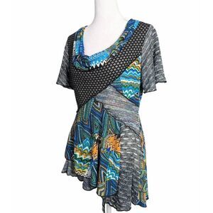 Feratelli Y2K patchwork asymmetrical mixed media multicolor cowl top tunic L